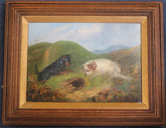 J. Langlois (19th C.) Terriers beside a rabbit hole, 9.5 x 13.5in.